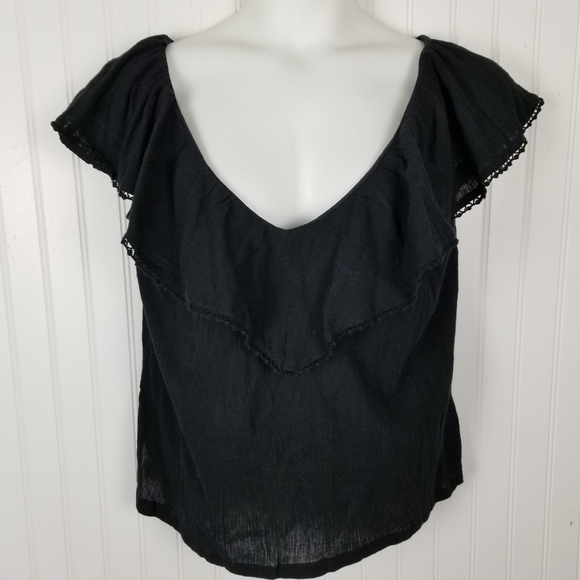 LOFT Ruffle V Back Shell Black Gauze Flutter Sleeve Top Boho Peasant NEW Medium - Picture 5 of 14